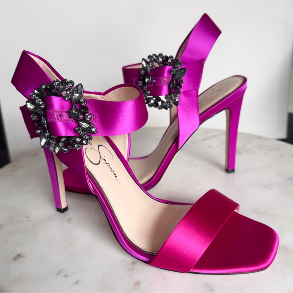 Elegant Fuchsia Satin Heels with Embellished Buckle